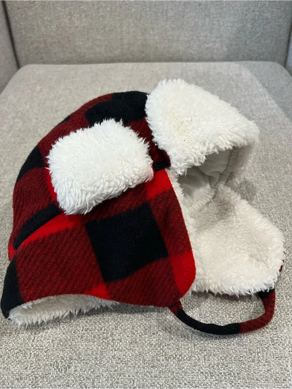 Red and Black Buffalo Check Plaid Hat with White Fluffy Lining